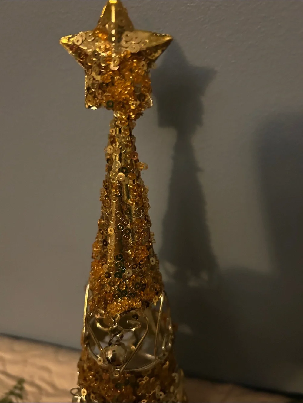 Gold -tone Christmas Tree with gold-tone Star, sequins , jungle bells, hearts